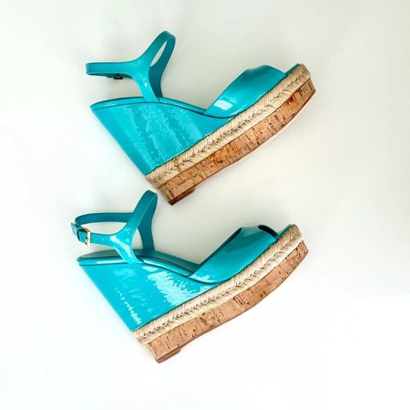 GUCCI Turquoise Patent Leather Espadrille Cork Wedge Sandals Size 38.5 US 8.5 - Picture 10 of 12